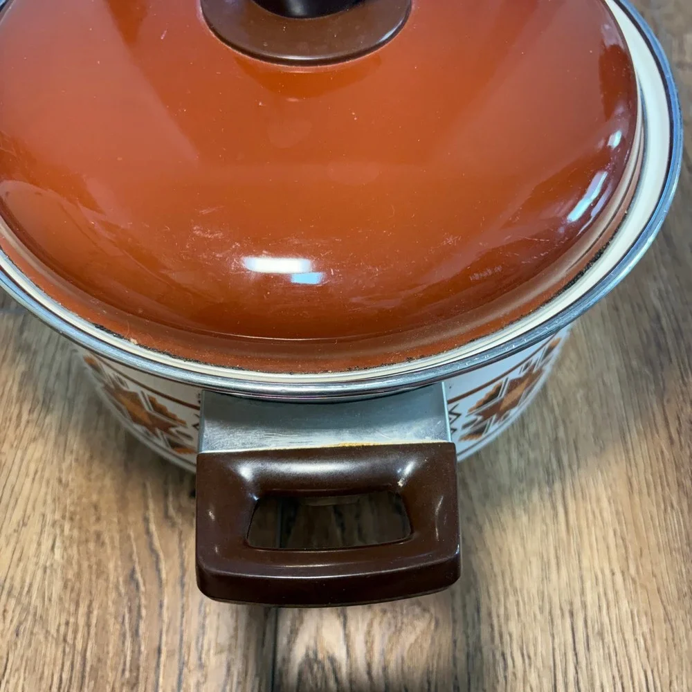 Vintage Enamel Stock Pot Made in Japan Retro 70s Geometric Brown Orange Western